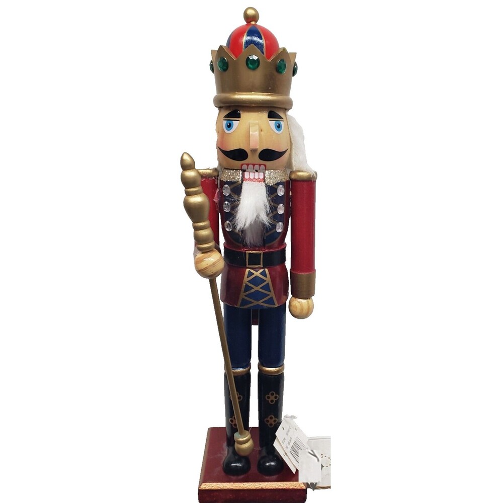 Wooden Christmas Nutcracker,15", SOLDIER IN RED & BLUE UNIFORM WITH STAFF,BOF,sp